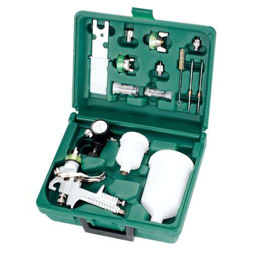 JONNESWAY Paint spray pistol 11450863 HVLP-1080G spray gun with 1.4 nozzles, 6DL and 2,5DL tank, 1 air regulator, 1.7 and 2.0 nozzle set, cleaning brush