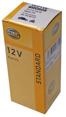 HELLA Bulb 10896181 Lamp Type: W21W, Voltage [V]: 12, Rated Power [W]: 21, Inspection Tag: E4, Socket Type: W3x16d, Fitting Position: Front and Rear, Packing Type: Box 
Voltage [V]: 12, Rated Power [W]: 21, Lamp Type: W21W, Fitting Position: Front and Rear, Registration Type: ECE approved, Packing Type: Box, Light Design: Halogen, Socket Type bulb: W3x16d, Assy./disassy. by qualified personnel required!:
Cannot be taken back for quality assurance reasons! 1.