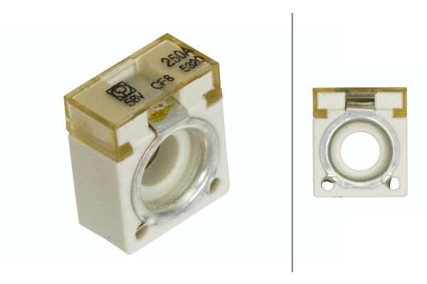 HELLA Sicherung 913799 Sicherungsausführung: CF8-Sicherung, Stromstärke [A]: 250, Temperaturbereich von [°C]: -40, Temperaturbereich bis [°C]: +125, Breite [mm]: 20, Tiefe [mm]: 23,5, Höhe [mm]: 11,5, Bohrung-O [mm]: 8,2, DIN/ISO: 8820-6; 72581-5, Kontaktoberfläche: Aluminium-Zink-beschichtet, Farbe: beige, Gehäusematerial: Keramik, Montage/Demontage durch Fachpersonal erforderlich!: