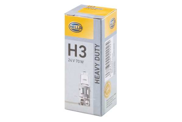 HELLA Bulb 314661 Lamp Type: H3, Voltage [V]: 24, Rated Power [W]: 70, Inspection Tag: E1, Socket Type: PK 22 S, Packing Type: Box 
Voltage [V]: 24, Rated Power [W]: 70, Lamp Type: H3, Registration Type: ECE approved, Light Design: Halogen, Packing Type: Box, Socket Type bulb: PK22s, Assy./disassy. by qualified personnel required!:
Cannot be taken back for quality assurance reasons! 1.