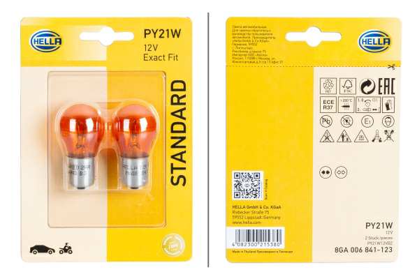 HELLA Glühlampe 364989 2 PCs/Blasen
Glühlampenfarbe: orange, DIN/ISO: 72601, Spannung [V]: 12, Sockelausführung: BAU15s, Nennleistung [W]: 21, Farbe: gelb, Lampenart: PY21W Allgemeine Information: für Blinker- und Warnblinkanlage
Kann aus Gründen der Qualitätssicherung nicht zurückgenommen werden! 1.