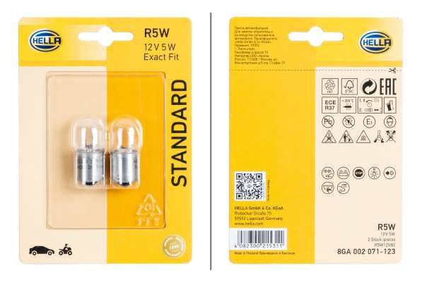 HELLA Bulb 364986 2 pcs/blister
Length [mm]: 37,5, DIN / ISO: 72601, Voltage [V]: 12, Rated Power [W]: 5, Socket Type: BA15s, Bulb Type: R5W General Information: for rear light
Cannot be taken back for quality assurance reasons! 1.