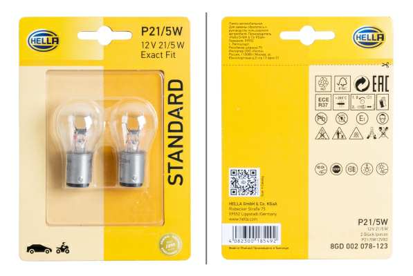 HELLA Bulb 364990 2 pcs/blister
Socket Type: BAY15d, Bulb Type: P21/ 5W, Voltage [V]: 12, Rated Power [W]: 21/5 Technical Information: Double the life of standard bulbs. Ensures safe driving during day and night.
Cannot be taken back for quality assurance reasons! 1.