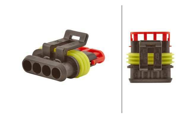 HELLA Plug housing 860077 Supplementary Article/Supplementary Info: with bush, Number of Poles: 4, Plug Type: Parallel Connector 
Supplementary Article/Supplementary Info: with bush, Number of pins: 4, Plug Type: Parallel Connector, Assy./disassy. by qualified personnel required!: