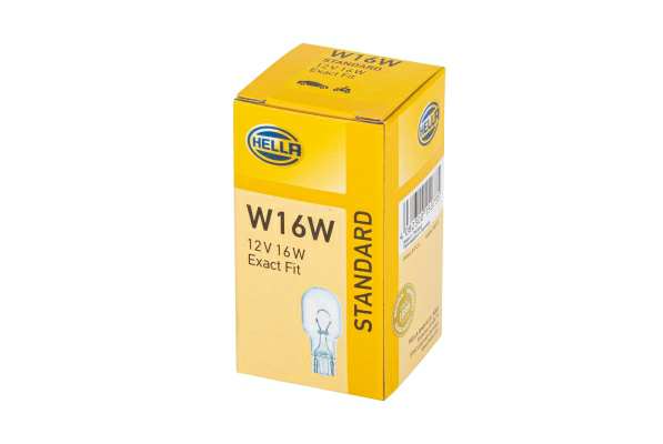 HELLA Bulb 10896180 Lamp Type: W16W, Voltage [V]: 12, Rated Power [W]: 16, Inspection Tag: E1, Socket Type: W2,1x9,5d, Fitting Position: Front and Rear, Packing Type: Box 
Voltage [V]: 12, Rated Power [W]: 16, Lamp Type: W16W, Fitting Position: Front and Rear, Registration Type: ECE approved, Packing Type: Box, Light Design: Halogen, Socket Type bulb: W2.1x9.5, Assy./disassy. by qualified personnel required!:
Cannot be taken back for quality assurance reasons! 1.