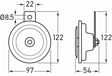 HELLA Horn 399842/2 Breite [mm]: 60, Nennspannung [V]: 24, Leistungsaufnahme [W]: 50, Betriebsart: elektrisch, Durchmesser [mm]: 112, Lage/Grad: vertikal, Anschlussanzahl: 2, Signalton: Mittelton, Lautstärke [dB(A)]: 110 2.