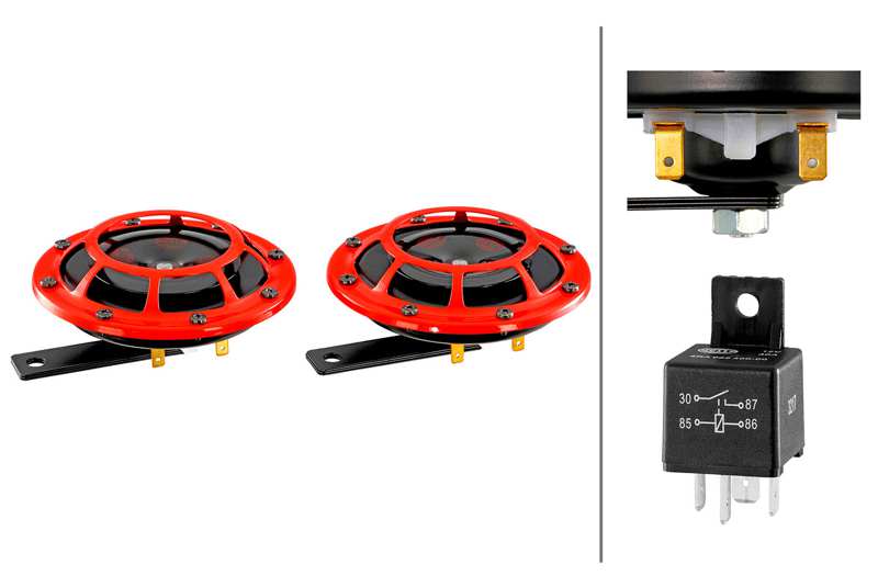 HELLA Horn 399830/2 Spannung [V]: 12, Leistungsaufnahme [W]: 66, Lautstärke [dB(A)]: 118, Frequenzbereich [Hz]: 300, 500, Stromaufnahme [A]: 5,5, Schutzart (IP-Code): IP65, erfüllt ECE-Norm: R28, Zulassungsart: ECE-geprüft, Gehäusefarbe: rot/schwarz, Signalton: Tiefton, Hochton, Betriebsart: elektrisch, Bauhöhe [mm]: 135, Breite [mm]: 125, Durchmesser [mm]: 123, Tiefe [mm]: 85, Temperaturbereich von [°C]: -40, Temperaturbereich bis [°C]: 60, Montageart: Flachsteckanschluss, Montage/Demontage durch Fachpersonal erfo 1.