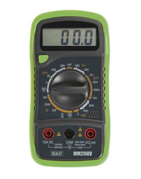 SEALEY Digital multimeter 11518667 LCD display, AC DC 200-600V, Battery: 9V, IEC 1010, Measures AC and DC voltage, DC current, resistance, temperature, audible continuity and diode/transistor control mode
Cannot be taken back for quality assurance reasons!