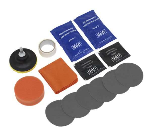 SEALEY Headlight upgrade kit 11518709 3-step, for 2 fluorescent lenses, package includes: grinding discs P800 (2x), P1200 (2x), P2000 (2x), M10 plug connector, 40 g polishing paste (2x), 3 ml protective fluid (2x), 3 m x 20 mm masking tape, backing M10 nut thread, orange sponge disc, cleaning cloth