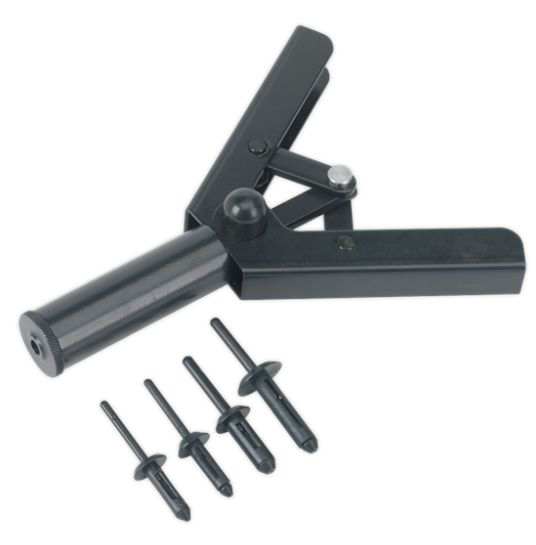 SEALEY Hand rivet gun 11518862 For plastic rivets, 4*10pcs rivets included (sizes: 5 x 15.8, 5 x 17.2, 6.3 x 25.2, 6.6 x17.2 mm)