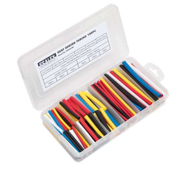 SEALEY Shrinking tube 11518941 Set of 180pcs, mixed diameter, colour (black, blue, red, white, yellow), length: 50 and 100mm, diameter sizes: 3.2, 4.8, 6.4mm