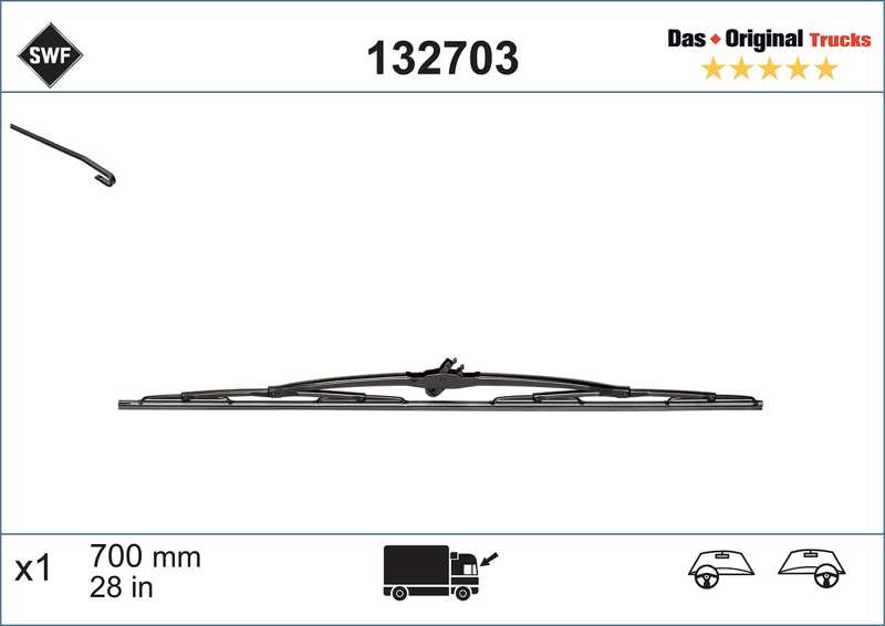 SWF Scheibenwischer 10574887 700 mm (1 dB)
Wischblattausführung: Bügelwischblatt, Länge [mm]: 700, Länge [Zoll]: 28, passender Adapter: T7, beigefügter Adapter: 2 clips 1.