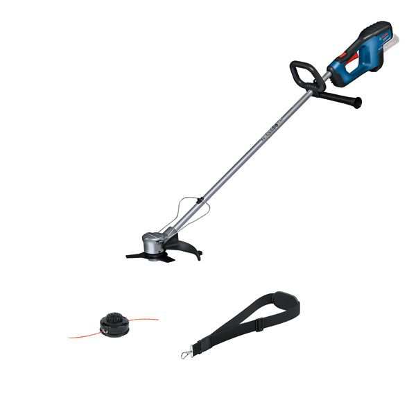 BOSCH Cordless brush cutter 11539302 GFR 18V-23 Brushcutter (without battery and charger, with shoulder strap, Pro-Tap spindle and cord, plant protection spike, 3-tooth knife), in cardboard box, Sound pressure level: 76 dB(A), Sound power level: 90 dB(A), Uncertainty K: 3 dB, Battery voltage: 18V, Diameter of the fibre: 2. 4mm, Blade thickness: 2mm, Bore diameter: 25.4mm, Weight without battery: 3.6kg 1.