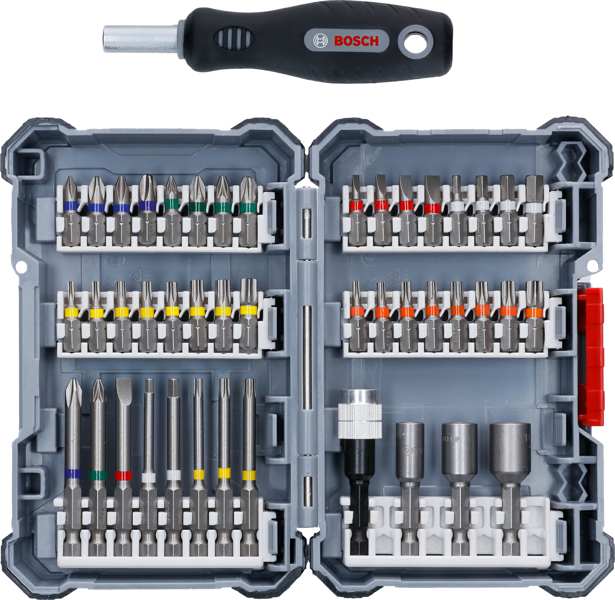 BOSCH Bit set 11539555 Pick and Click custom assembled screwdriver bit set, 44 pcs, PH1, PH2 (2x), PH3)(PZ1, PZ2 (2x), PZ3)(SL3, SL4, SL5, SL6)(HEX3, HEX4, HEX5, HEX6)(T10, T15, T20 (2x), T25, T27, T30, T40)(TH10, TH15, TH20 (2x), TH25, TH27, TH30, TH40)( PH2)(PZ2)(6)(H3, H4)( T15, T20, T25)( , 6/8/10 mm socket)Universal Quick Release, Hand screwdriver 1.