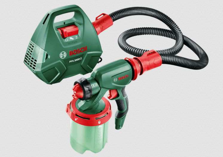 BOSCH Farbspritzpistolen-Set 11539690 PFS 3000-2 Farbspritzsystem, Nennleistungsaufnahme: 650 W, Förderleistung: 0–300 ml/min, Farbauftrag: 2 m2/min, Tankvolumen: 1000 ml, Gewicht: 2,8 kg, Schlauchlänge: 2 m