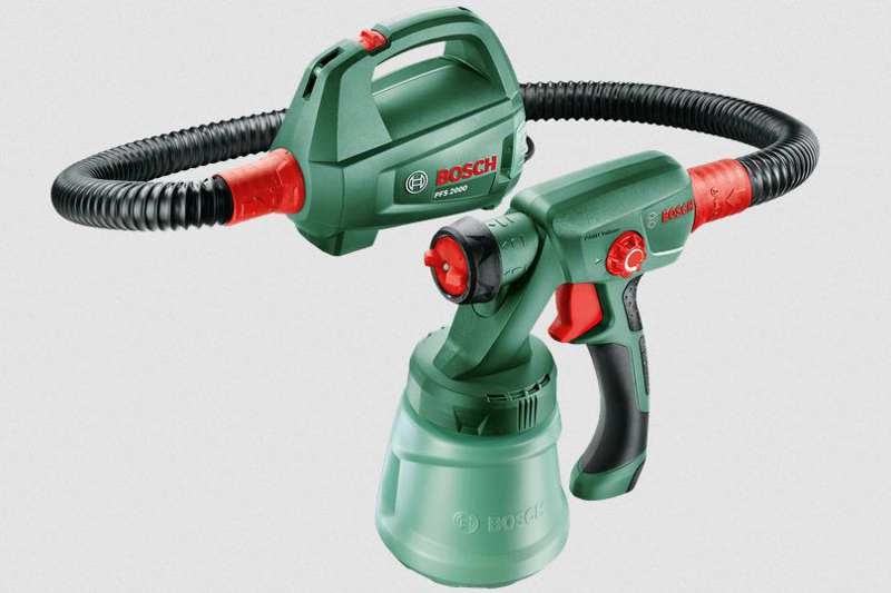 BOSCH Farbspritzpistolen-Set 11539692 PFS 2000 Farbspritzsystem, Nennleistungsaufnahme: 440 W, Förderleistung: 0–200 ml/min, Farbauftrag: 1,5 m2/min, Tankvolumen: 800 ml, Gewicht: 2 kg, Schlauchlänge: 1,25 m