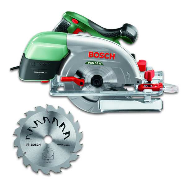 BOSCH Circular saw 11539842 PKS 55 A Hand-held circular saw (Extra circular saw blade), rated power input: 1200W, circular saw blade nominal diameter: 160mm, circular saw blade hole diameter: 20mm, idle speed: 5600 rpm, guide plate: 158x288mm, guard: aluminium, weight: 3.9kg, cutting depth range: 90deg 0-55mm, 45deg 0-38mm 1.