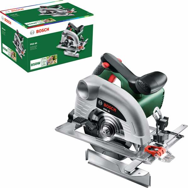 BOSCH Circular saw 11539840 PKS 40 Hand-held circular saw, rated power input: 850W, power output: 530W, circular saw blade nominal diameter: 130mm, circular saw blade bore diameter: 16mm, idle speed: 5300 rpm, guide plate: 135x260mm, guard: plastic, weight: 2.6kg, cutting depth range: 90deg 0-40mm, 45deg 0-26mm