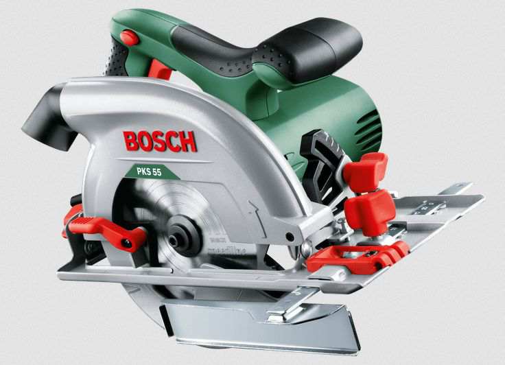 BOSCH Circular saw 11539841 PKS 55 Hand-held circular saw in box, rated power input: 1200W, circular saw blade nominal diameter: 160mm, circular saw blade hole diameter: 20mm, idle speed: 5600 rpm, guide plate: 158x288mm, guard: aluminium, weight: 3.9kg, cutting depth range: 90deg 0-55mm, 45deg 0-38mm