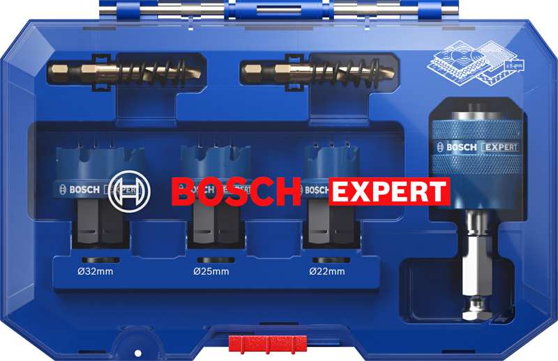 BOSCH Holesaw set 11539854 EXPERT Carbide Sheet Metal Circular Cutter Set of 6, diameter 22, 25, 32 mm, 1 PCP adapter, 2 HSS-Co centering drill shanks with spring 1.