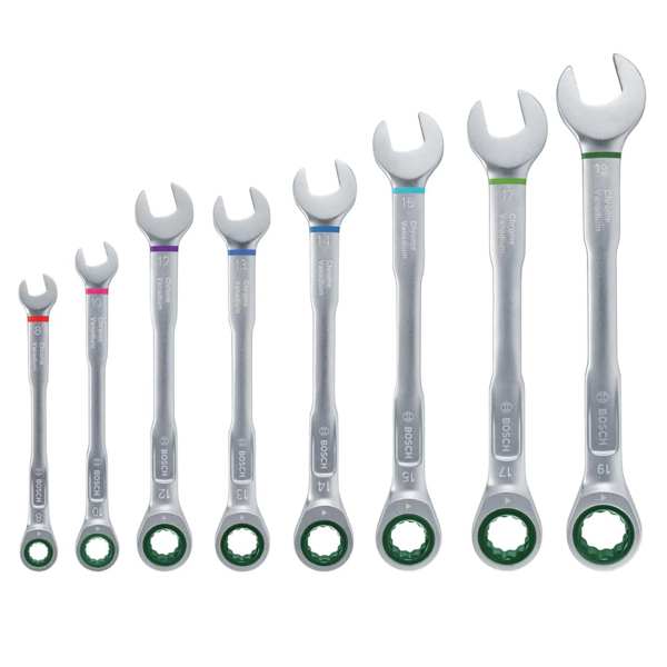 BOSCH Ratchet combination wrench set 11539923 Ratchet wrench set 8 pieces, 8x wrench: 8mm, 10mm, 12mm, 13mm, 14mm, 15mm, 17mm, 19mm, 1x holder 1.