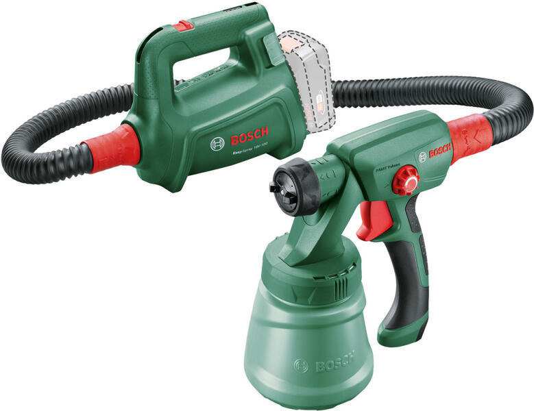 BOSCH Akku-Farbspritzpistole 11539318 EasySpray 18V Akku-Farbspritzgerät (ohne Akku und Ladegerät), Akkuspannung: 18V, Durchfluss: 0-100 ml/min, Auftragskapazität: 1m2/min, Tankvolumen: 800ml, Schlauchlänge: 1,3m, Gewicht: 1,8kg, HPVL Technologie 1.