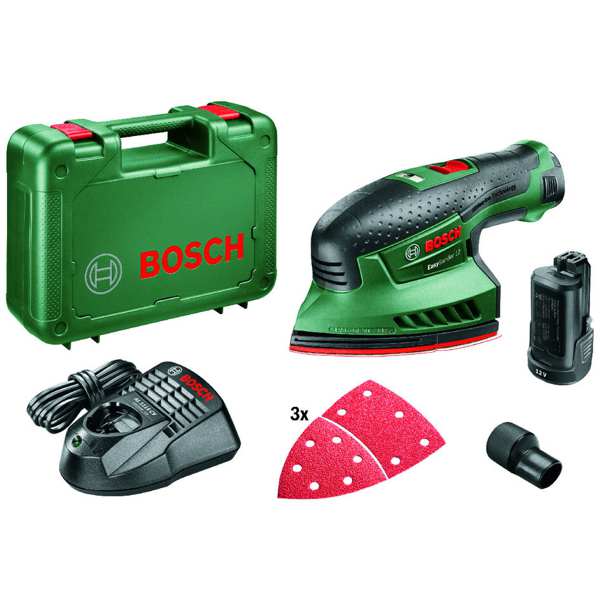 BOSCH Cordless sander 11539410 Cordless vibratory sander EasySander 12 (2x2.5 Ah + charger ), Battery voltage: 12V, Vibration speed: 22000 rpm, Diameter of the planet: 1.2mm, Weight (without battery): 0.7kg, Velcro fastening system 1.