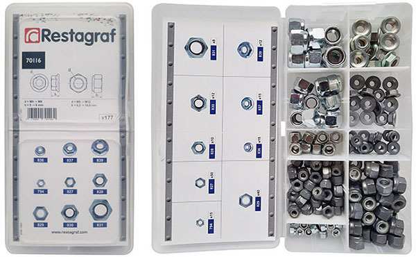 RESTAGRAF Mutter-Satz 10997515 Self -Closing- und Waschmaschine Hexagya -Set, M5 - M12, 9 Größen, 177 PCs/Set