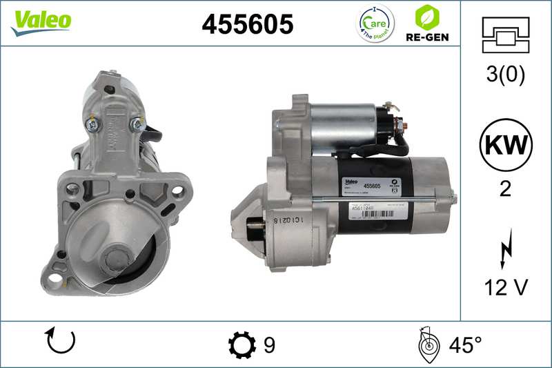 VALEO Starter 286227 renewed
Voltage [V]: 12, Rated Power [kW]: 2, Number of Teeth: 9, Number of Holes: 3, Rotation Direction: Clockwise rotation, Position / Degree: L  45, Clamp: NO 1.