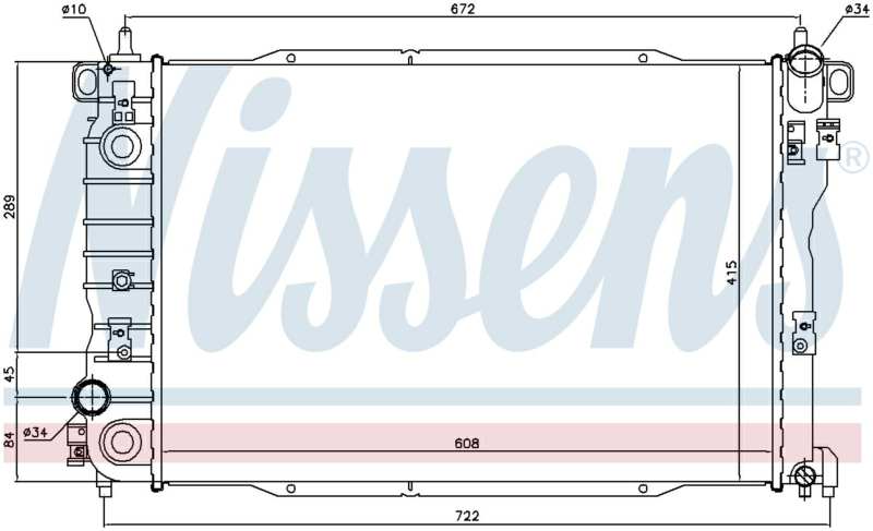 NISSENS Radiator 10657227 Core Length [mm]: 608, Core Width [mm]: 415, Core Depth [mm]: 27, Cooling fins material: Aluminium, Water Tank Material (radiator): Plastic, Radiator type: Brazed cooling fins