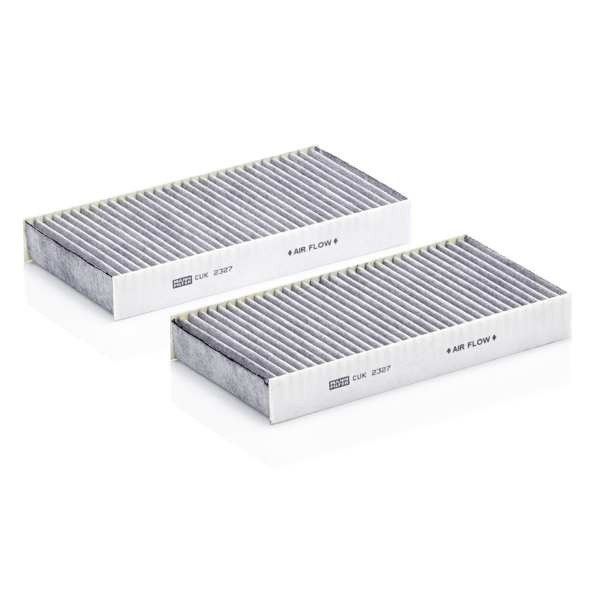 MANN-FILTER Innenraumluftfilter 10370911 Aktiver Kohlenstofffilter, 2 PCs/Set
Filterausführung: Aktivkohlefilter, Basisversion (Art.-Nr.): CU 2327-2, EU-Produktsicherheitsverordnung (GPSR): IEC 60417-6183 mechanisches Fachwissen erforderlich, Einbauposition: hinter dem Handschuhfach, Einbauzeit [min]: 5, Länge [mm]: 225, Breite [mm]: 112, Höhe [mm]: 30