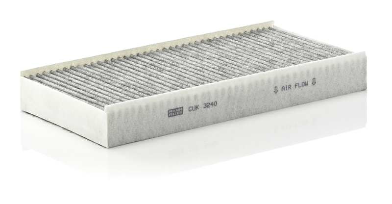 MANN-FILTER Innenraumluftfilter 346284/1 Filterausführung: Aktivkohlefilter, Länge [mm]: 314, Breite [mm]: 152, Höhe [mm]: 40 
Filterausführung: Aktivkohlefilter, Basisversion (Art.-Nr.): CU 3240, EU-Produktsicherheitsverordnung (GPSR): IEC 60417-6183 mechanisches Fachwissen erforderlich, Einbauposition: Innenraum Fahrerseite, Einbauzeit [min]: 12, Länge [mm]: 314, Breite [mm]: 152, Höhe [mm]: 40