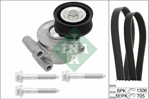 INA Keilrippenriemensatz 570090 Anzahl der Riemen: 2, Länge 1 [mm]: 1306, Rippenanzahl: 6, Länge 2 [mm]: 705, Rippenanzahl 2: 5, Ergänzungsartikel/Ergänzende Info 2: Generatorfreilauf prüfen und ggf. erneuern, Spezialwerkzeug zur Montage notwendig, Einbauanleitung beachten: