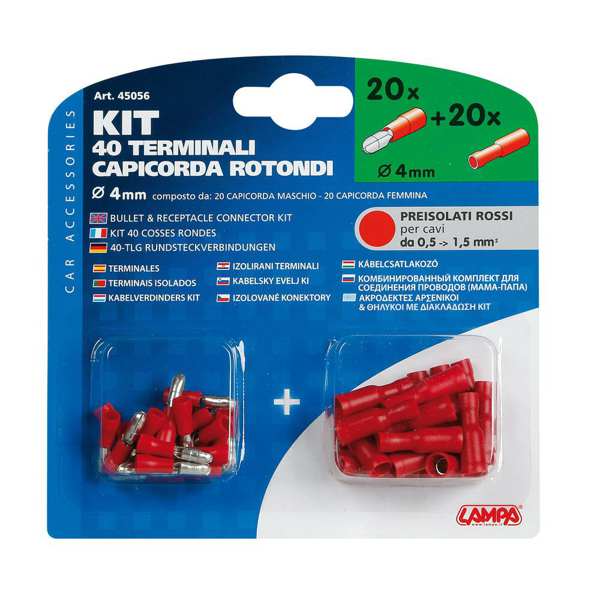 LAMPA Leitungsverbinder 579059 40 PCs/Packung, D: 4 mm, für ein Kabel von 0,5-1,5 mm2 mit rotem Kunststoff-Isolieranschluss (20 Teile) + rote Kunststoff-Isolierung (20 Teile) 1.
