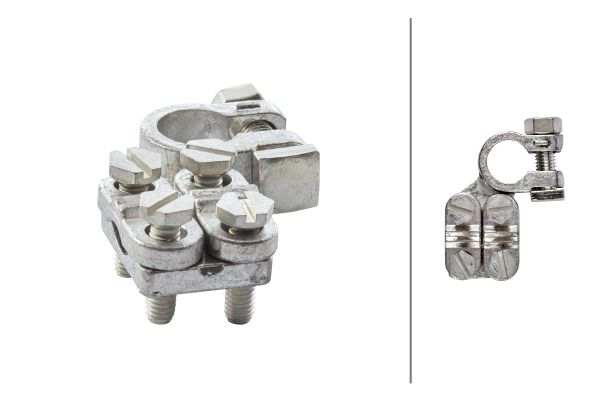 HELLA Batteriepolklemme 397058/2 Ausführung Druckplatte (Batteriepolklemme): glatt, Batteriepoldurchmesser [mm]: 15,9, Spannung von [V]: 12, Spannung bis [V]: 24, Material: Messing, Oberfläche: verzinnt, Farbe: grau, Anschluss/Klemme: mit einseitig montierbarer Polschraube, Batterieklemmenausführung: für Minuspol, Gussteil, Querschnitt [mm2] von: 50, Querschnitt [mm2] bis: 120, Einbauposition: rechts, Montage/Demontage durch Fachpersonal erforderlich!: