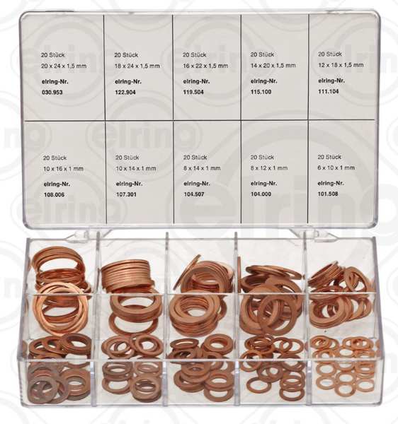 ELRING Dichtringsatz 61242 Material: Kupfer, Anzahl der Dichtringe: 200, Einzelteile siehe Stückliste: , Warentarifnummer: 7415210000 1.