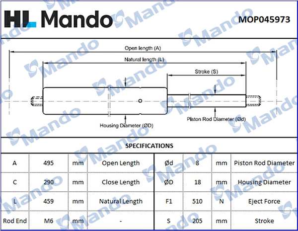 MANDO Gasfeder 11313834 Kofferraum
Länge [mm]: 495, Einbauposition: hinten, Hub [mm]: 205, Ausschubkraft [N]: 510, Gehäusedurchmesser [mm]: 18, Kolbenstangendurchmesser [mm]: 8
