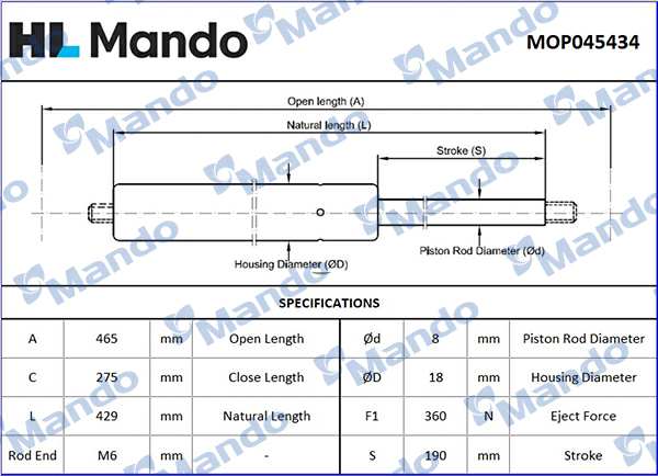 MANDO Gasfeder 11313695 Kofferraum
Länge [mm]: 465, Einbauposition: hinten, Hub [mm]: 190, Ausschubkraft [N]: 360, Gehäusedurchmesser [mm]: 18, Kolbenstangendurchmesser [mm]: 8