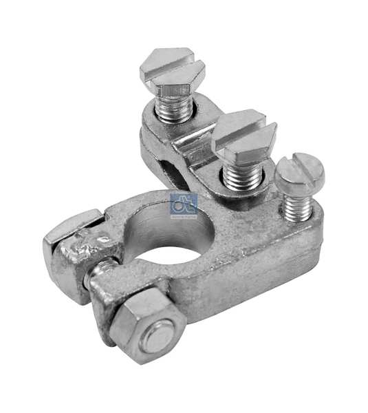 DT SPARE PARTS Batteriepolklemme 10004153 Material: Messing, Oberfläche: verzinnt, Anschluss/Klemme: mit einseitig montierbarer Polschraube, Anschluss links, Querschnitt [mm2] von: 50, Querschnitt [mm2] bis: 120, Batterieklemmenausführung: für Pluspol, Schraubklemme, Form G, Gewindemaß 1: 3x M8, Gewindemaß 2: M6, Batteriepoldurchmesser [mm]: 17,5, DIN-Normen (Batteriepolklemmen): DIN 72331-2 (Leiterquerschnitte von 50 bis 120 mm2) 1.