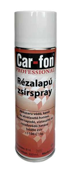 CARLOFON Kupferspray 11628750 Schmierfettspray auf Kupferbasis, 300 ml, Spray mit hohem Trockenstoff-/Fettgehalt, das für eine lang anhaltende Schmierung und den Schutz von Verbindungselementen und Bauteilen sorgt, die besonders hohen Temperaturen ausgesetzt sind. Sorgt für eine problemlose Demontage bei bis zu 1100°C und ist beständig gegen Säuren, Laugen und Salze. Es ist ein hervorragender Leiter für elektrischen Strom und daher ideal für den Schutz von Batteriepolen!
Kann aus Gründen der Qualitätssicherung nicht zurückg