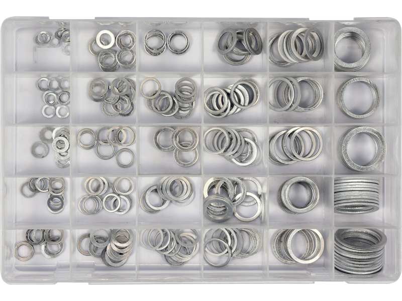 YATO Dichtringsatz 11647388 Aluminium-Unterleg-Set 300 Stück. Abmessungen: 5x9x1 mm – 28x36x2 mm (30 Größen). Material: Aluminium. Anwendung: zum Abdichten von Ölablasskerzen in der Automontage. Lagerung: Plastikkassette mit Fach. 1.