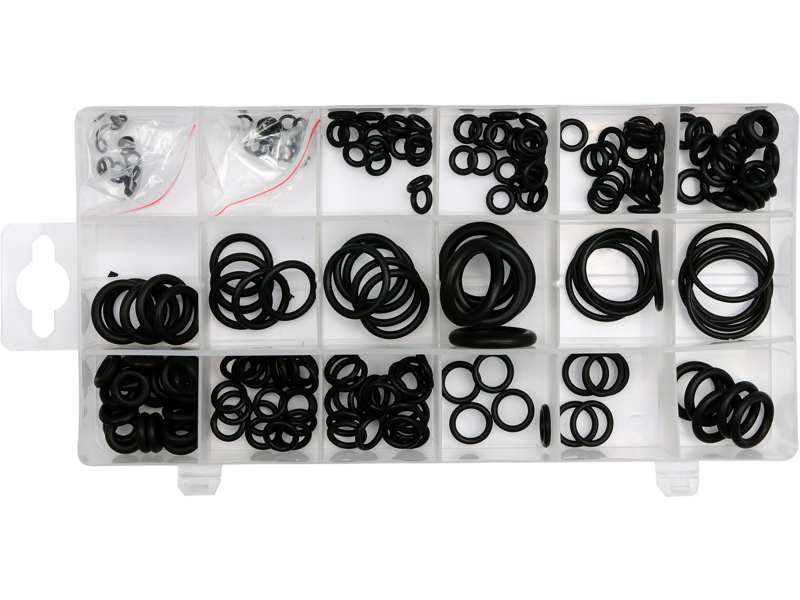 YATO Dichtungssatz, Kompressor 11647408 O-Ring-Set 225 Stück. Größen: 3x1 mm – 22x2 mm (18 Größen). Material: Gummiöl und chemisch resistent. Anwendung: für Dichtungen in der Automontage. Lagerung: Plastikkassette mit Fach. 1.